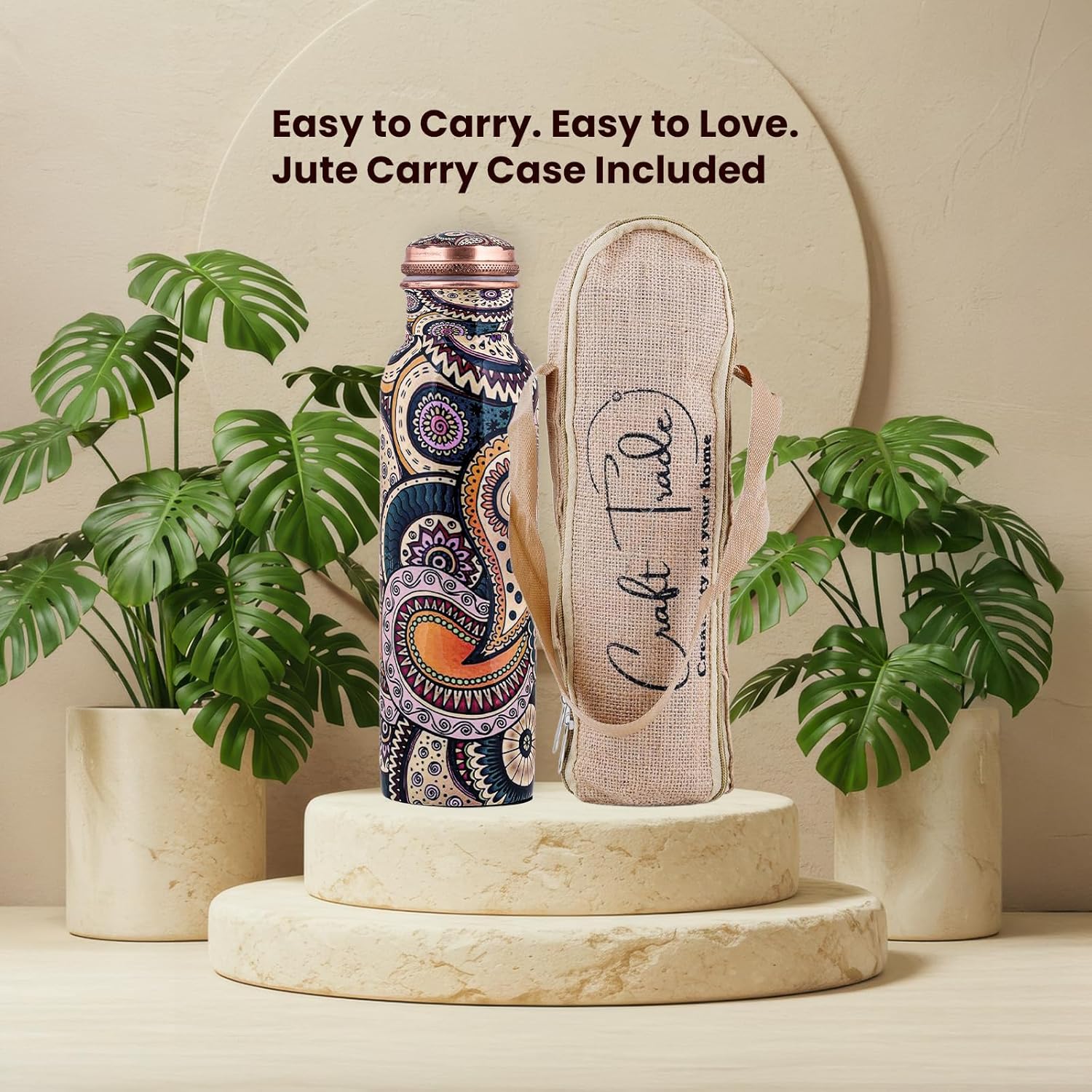 Craft Trade 100% Pure Copper Water Bottle (34 Oz) – Ayurveda Inspired Yoga Copper Bottle with Jute Carry Case, Handcrafted in Ethnic Print - Boosts Immunity, Leak-Proof, BPA-Free, Heavy-Duty - 2 Pk - Image 6