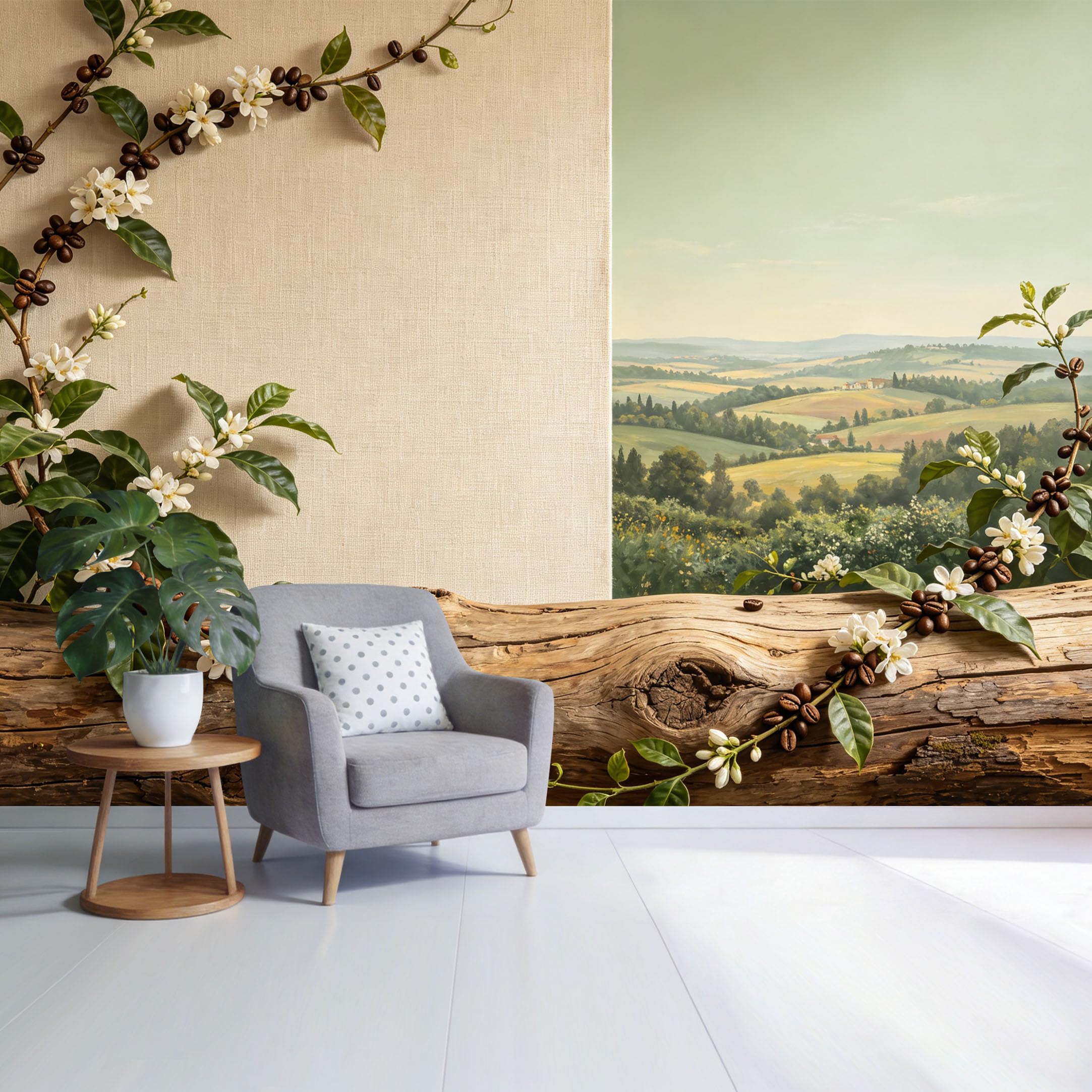 Custom Size Wall Mural Botanical Coffee Flower Branch and Countryside Landscape Painting Style SelfAdhesive Wall Fabric Removable Wallpaper for Home Office Decor