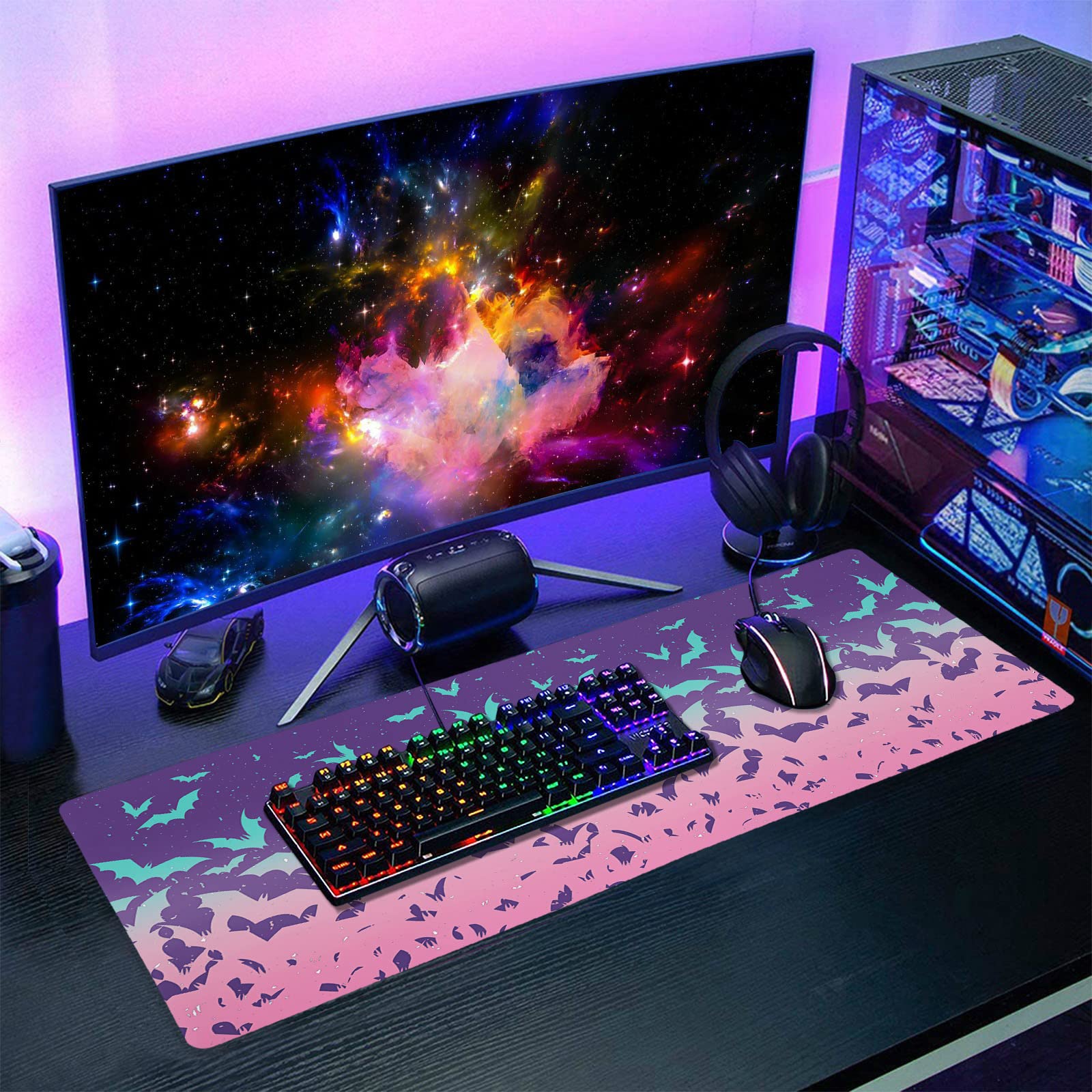 Pink Cute Bats Gaming Mouse Pad XL Halloween Pastel Purple Witchcraft Extended Big Large Desk Mat Non-Slip Rubber Base Stitched Edge Long Keyboard Mousepad for PC Computer Laptop,24x14 in,60x35cm