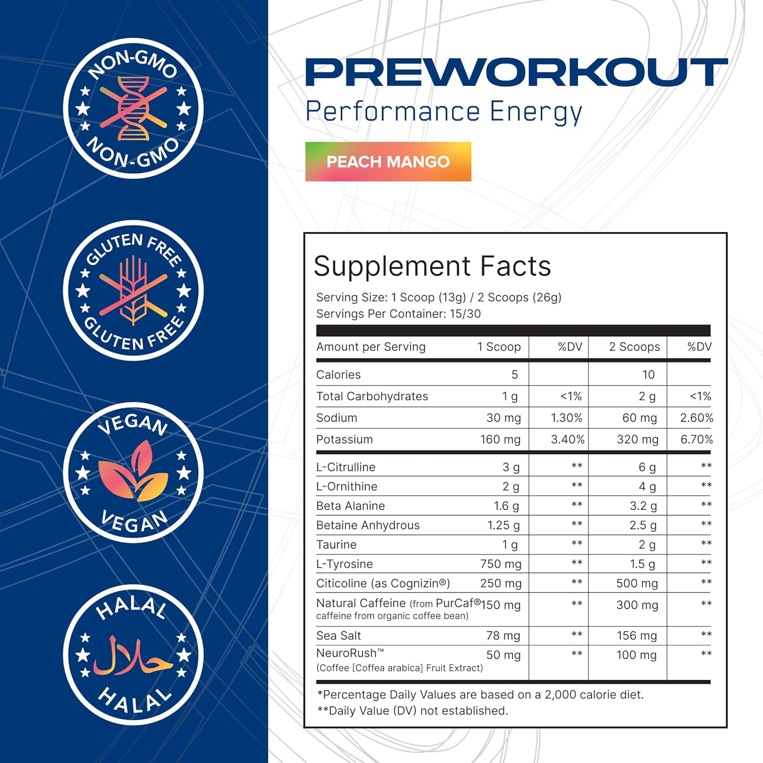 AN Performance Pre-Workout Powder Supplement for Men & Women | Energy Drink Mix with 300mg Caffeine + Beta Alanine + Citrulline | Third-Party Tested | Peach Mango | 30 Servings - Image 2