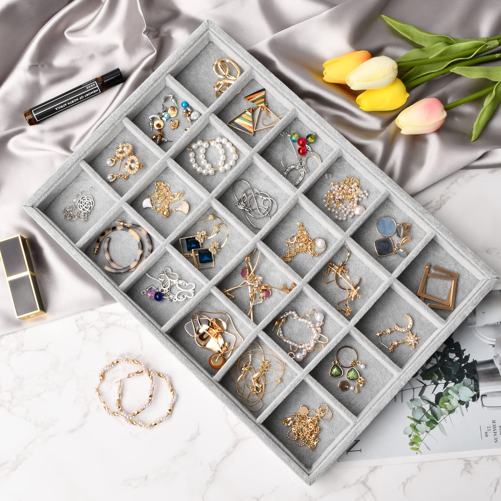 24 Grids Samt Schmucktablett für Schublade, Schmuckaufbewahrung Stapelbar Schmuck Organizer, Schubladeneinsatz Aufbewahrungssystem Schmuck Tablett für Ohrringe Ringe Ketten Armband, 35x24x3cm (Grau)