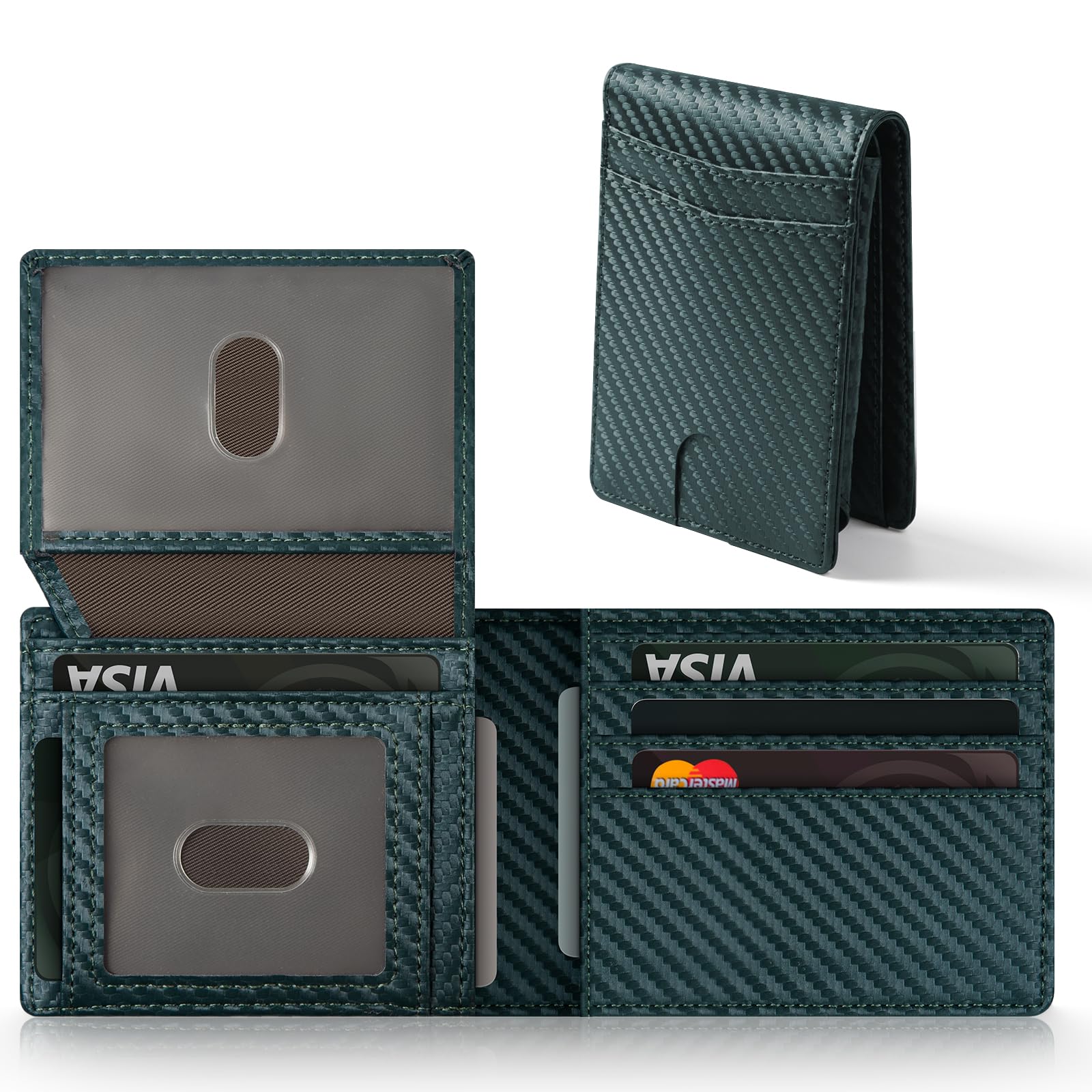 Wallet For Men RFID Blocking Bifold Carbon Fiber Leather Wallets Mens Accessories, Green Carbon Fiber-07-image-20