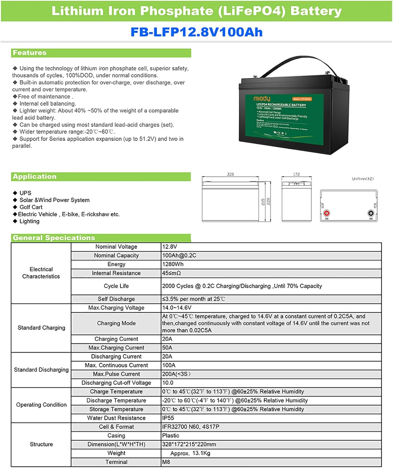 Miady LiFePO4 12.8V 100Ah battery specifications table