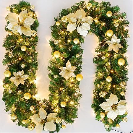 Christmas Garland, 9FT Pre-lit 50 LED Christmas Garland with 24 Xmas Balls, Battery Operated Christmas Lighted Poinsettia Garland Indoor Outdoor for Fireplace, Staircase, Railing Decoration (Gold)