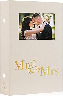 Lanpn Wedding Photo Album 4x6 300 Pocket Photos Slip in, Linen Cover Large Capacity Newlywed Marriage Window Album Hold 300 Horizontal Photos (Mr & Mrs, Beige)