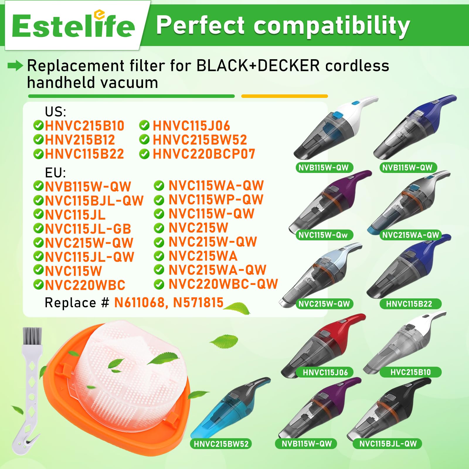 6 Filters for BLACK+DECKER NVC115JL, NVC115JL-QW, NVC115W, NVC115WA-QW, NVC215W, NVC215WA, NVC220WBC, HNVC215B10, HNV215B12 Vacuum Cleaner Filters Replacement # N611068 & N571815