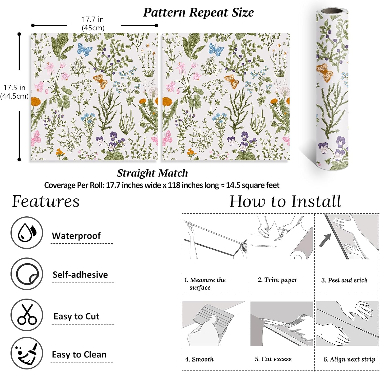 VEELIKE 17.7''x118'' Botanical Herbs Floral Wallpaper Mural Vintage Butterfly Wildflowers Floral Peel and Stick Wallpaper Removable Self Adhesive Decorative Contact Paper for Bathroom Walls Cabinets