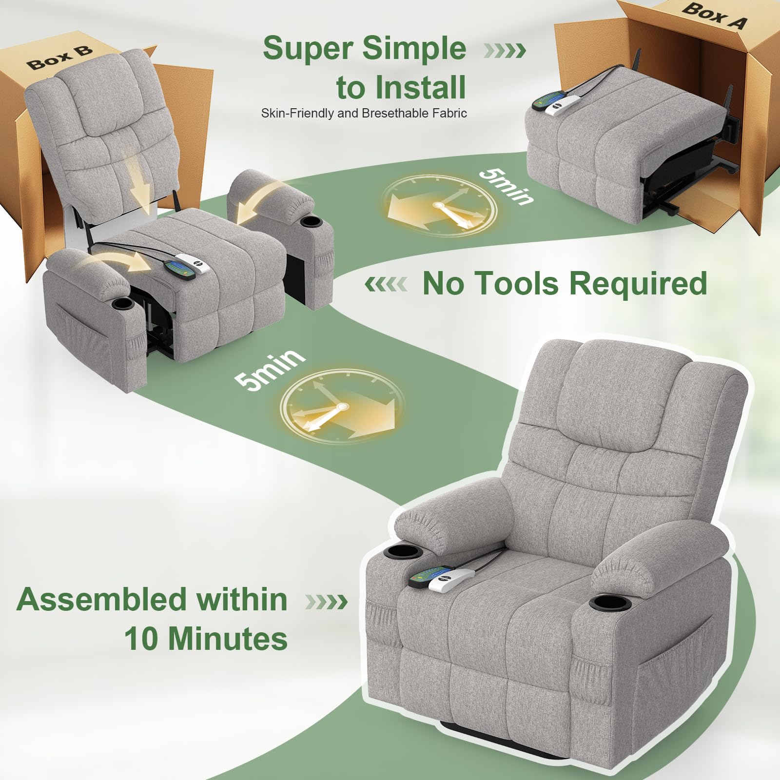 Fernsehsessel Relaxsessel mit 45°Aufstehhilfe, Elektrisch TV-Sessel Wohnzimmer-Sessel mit Massagefunktion & Lendenwirbelheizung, Typ-C + USB-Anschlüsse, 2 Getränkehalter & 4 Seitentaschen