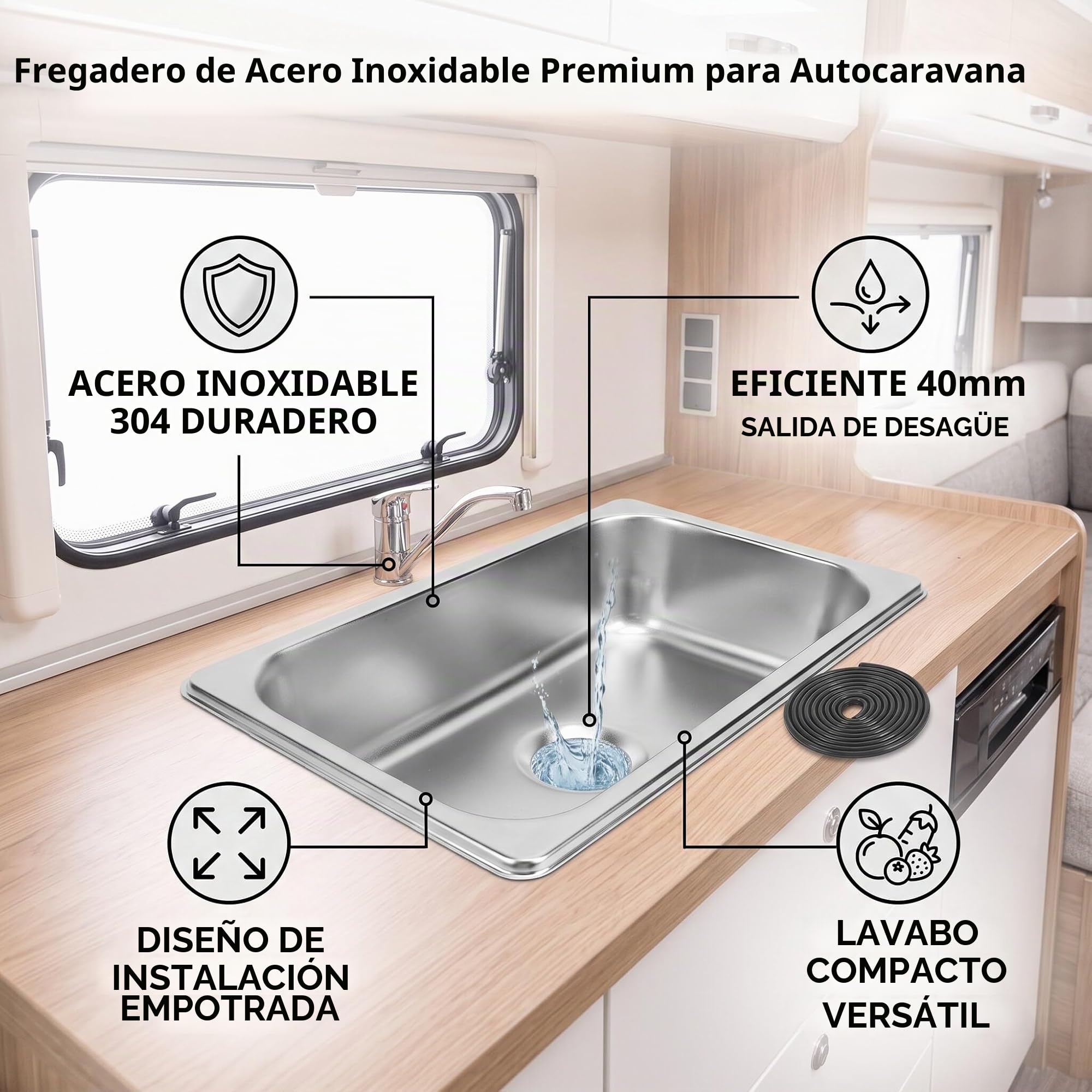 Fregadero de Cocina Acero Inoxidable 304, Barra con un Orificio Diámetro del desagüe 40 mm, Recorte de 240x135mm, para RV, Cocina, baño, 265x162x65mm (Dibujo de Pulido)