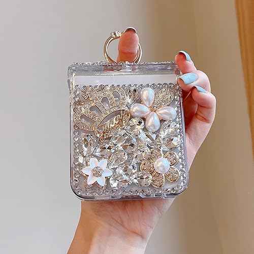 Miniatura 9 de Changjia Funda para Samsung Galaxy Z Flip 5 con purpurina y soporte para anillo de protección de bisagra, bonita y lujosa corona 3D de diamantes de