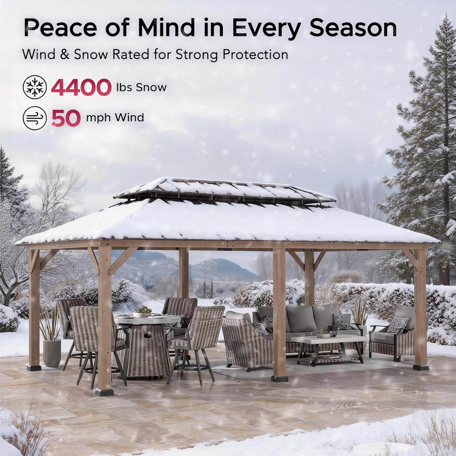 Sunjoy gazebo covered in snow, illustrating its snow load capacity