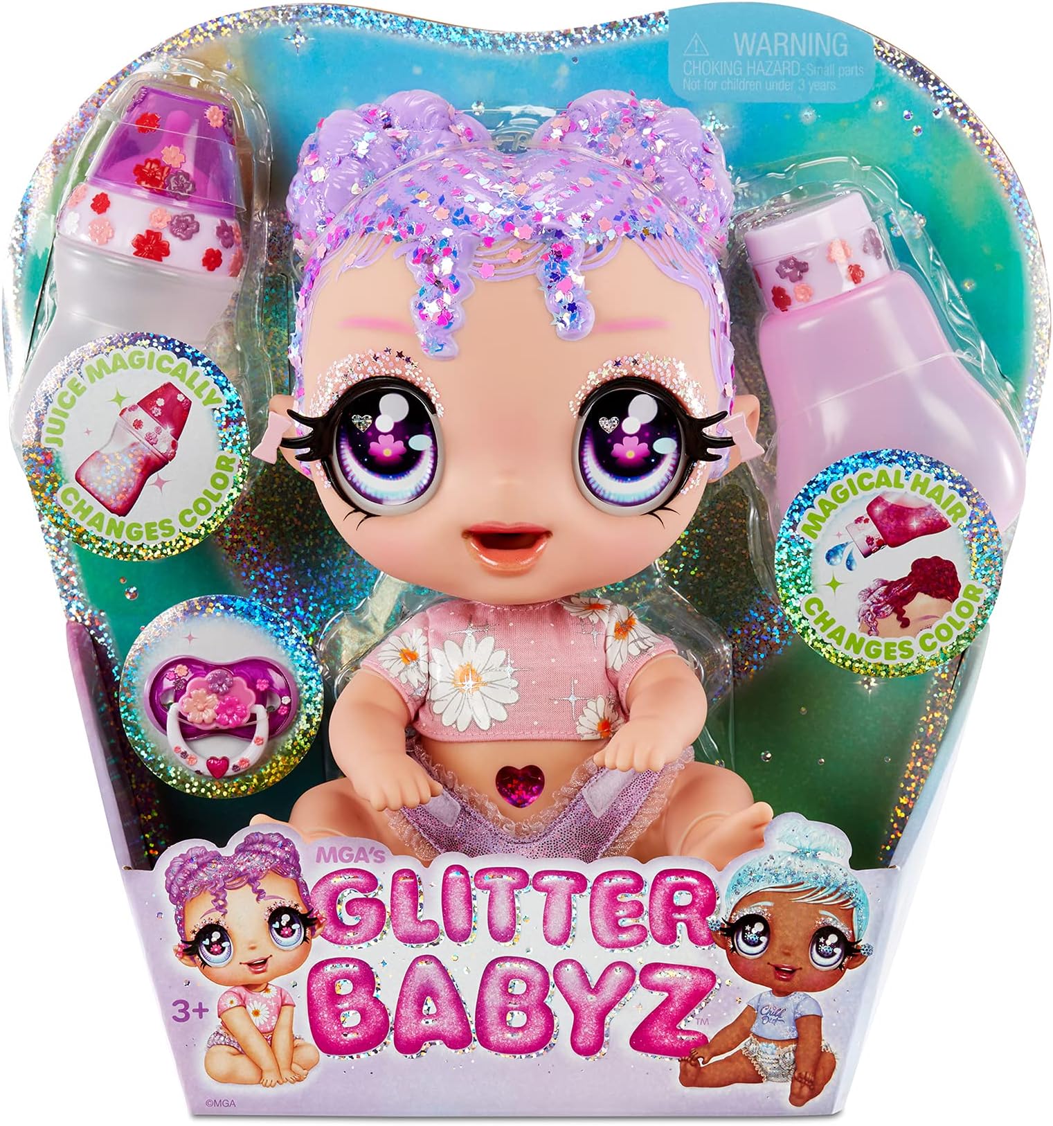 Glitter Babyz Lila Wildboom Baby Doll - With 3 Magical Colour changes, Purple Hair, and Flower Style Outfit - Includes Reusable Diaper, Bottle, & Pacifier - Collectable Toy For Kids Ages 3 Years Plus