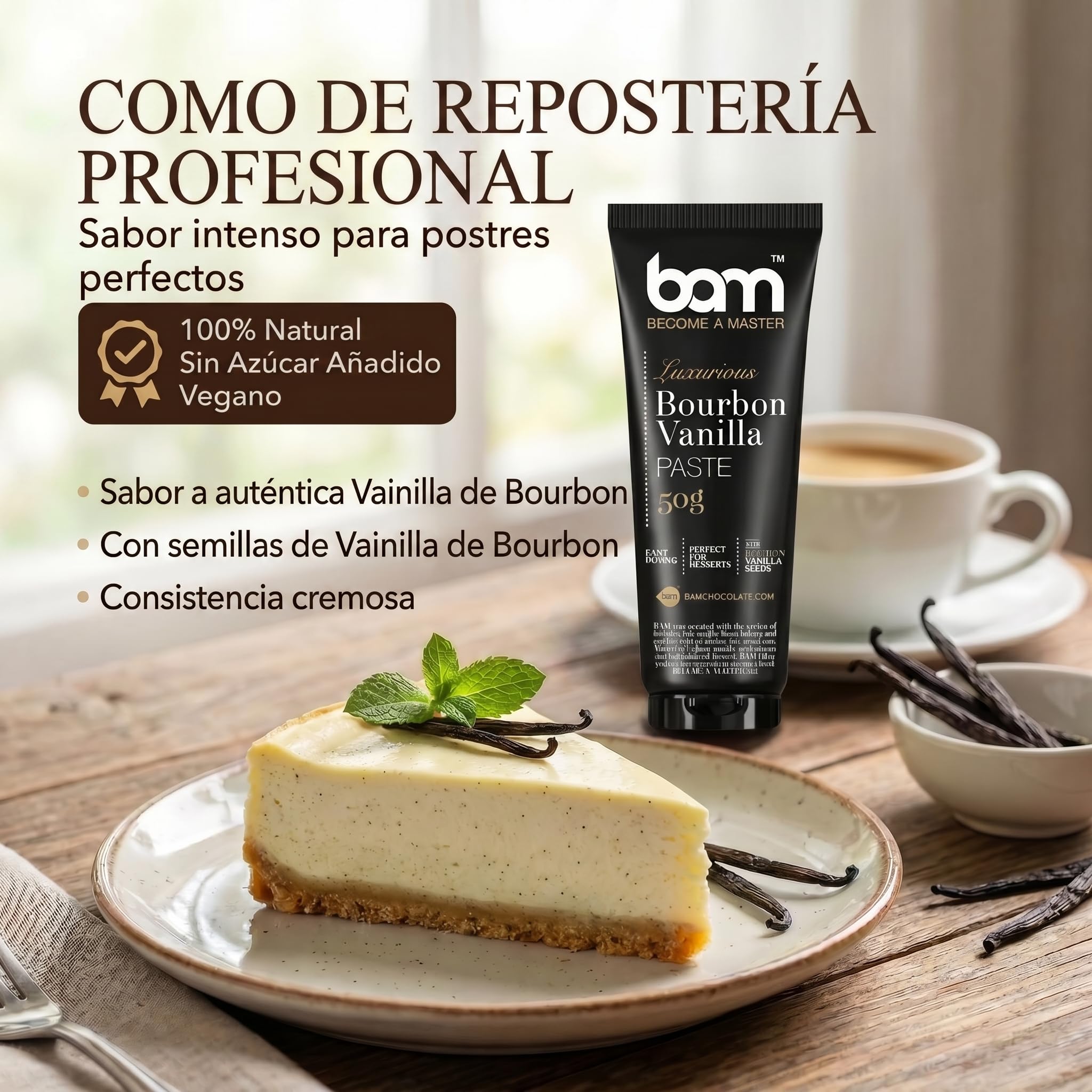 BAM Pasta de Vainilla en Tubo, 50 g – Extracto de Vainilla Bourbon de Madagascar con Semillas Naturales – sin Alcohol y sin Gluten