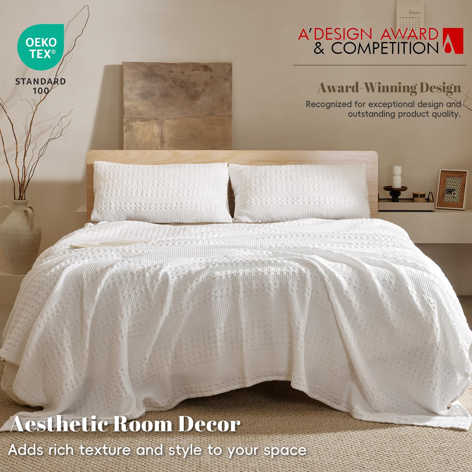 PHF Manta de Tejido gofre 100% algodón, tamaño Individual (150 x 200 cm) para decoración del hogar, Texturizada, Transpirable, Agradable al Tacto, Absorbe la Humedad para Todas Las Estaciones