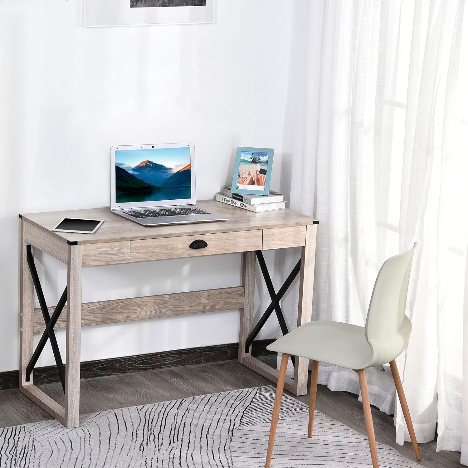 Black Wood X-Frame Computer Desk with Drawer