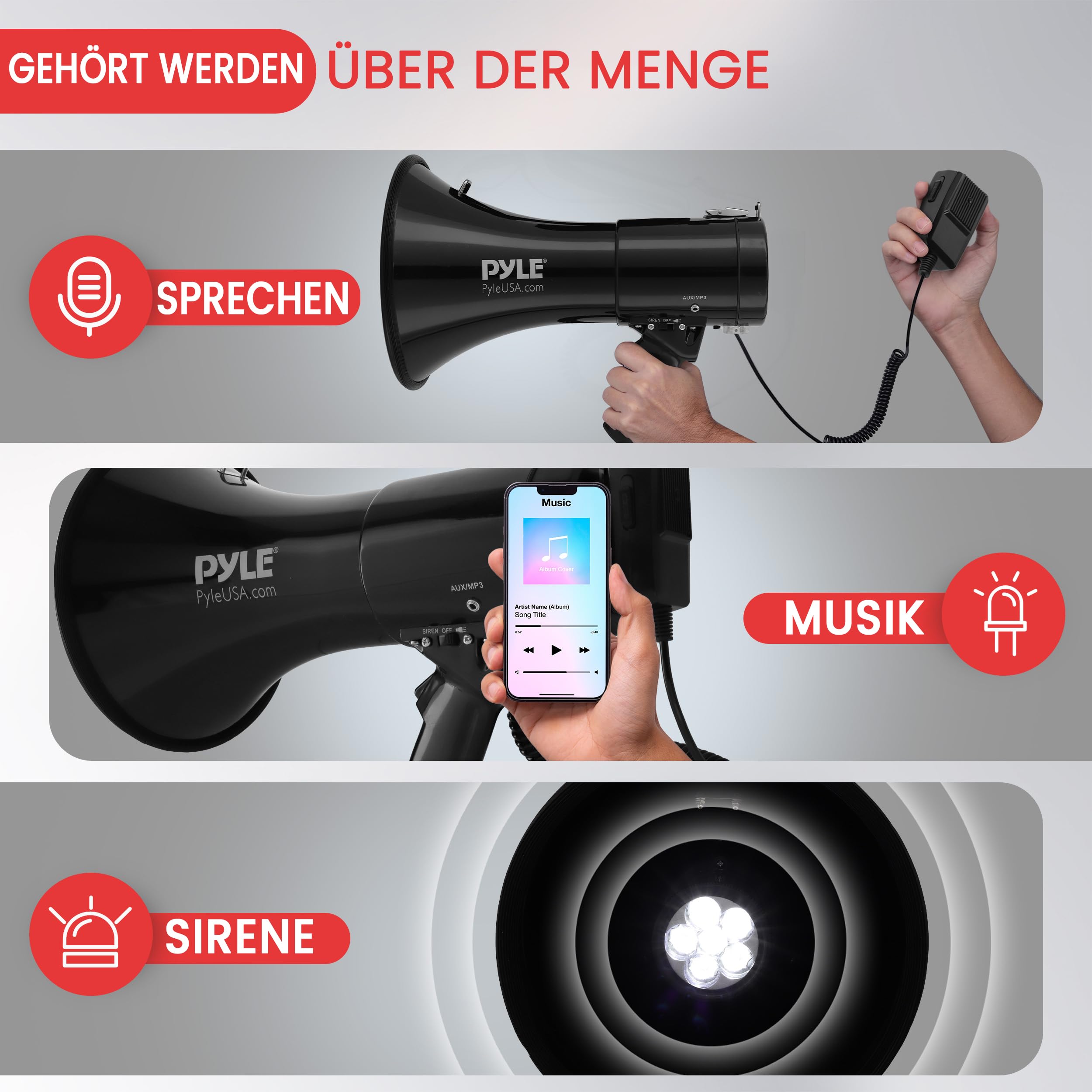Pyle Megaphon mit Sirene, Signalhorn – Siren Megaphone – Megafon Kinder & Erwachsene 50 Watt bis 1100m Reichweite, Faltbare Megafon mit Mikrofon & Wiederverwendbare Batterie, Faltbare Handsirene