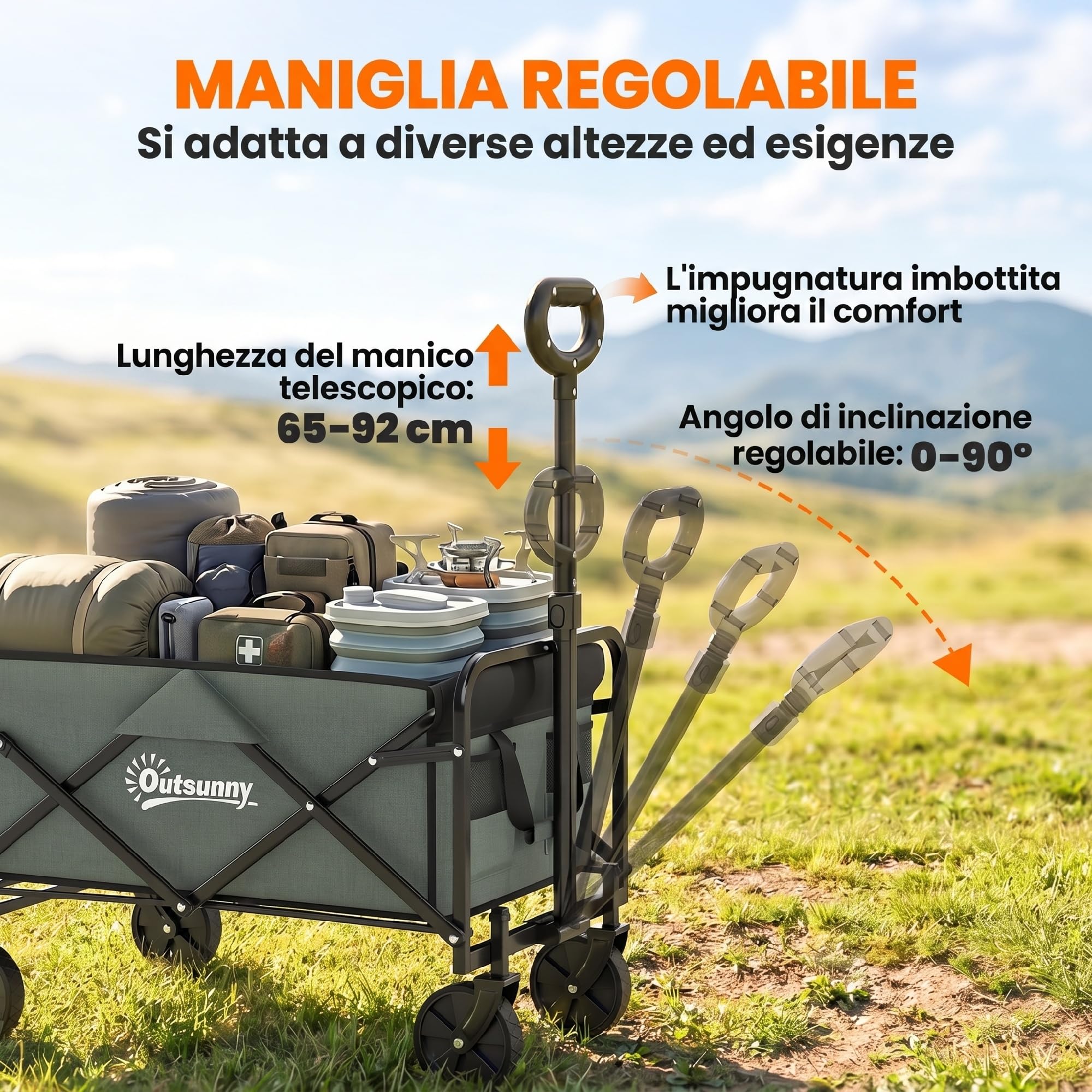 Outsunny Carrello da Giardino da 72L con 4 Ruote, Carrello Spiaggia Pieghevole in Acciaio e Tessuto Oxford con Borsa da Trasporto Lavabile, 2 Tasca Portaoggetti e Maniglia Girevole e Regolabile, Verde