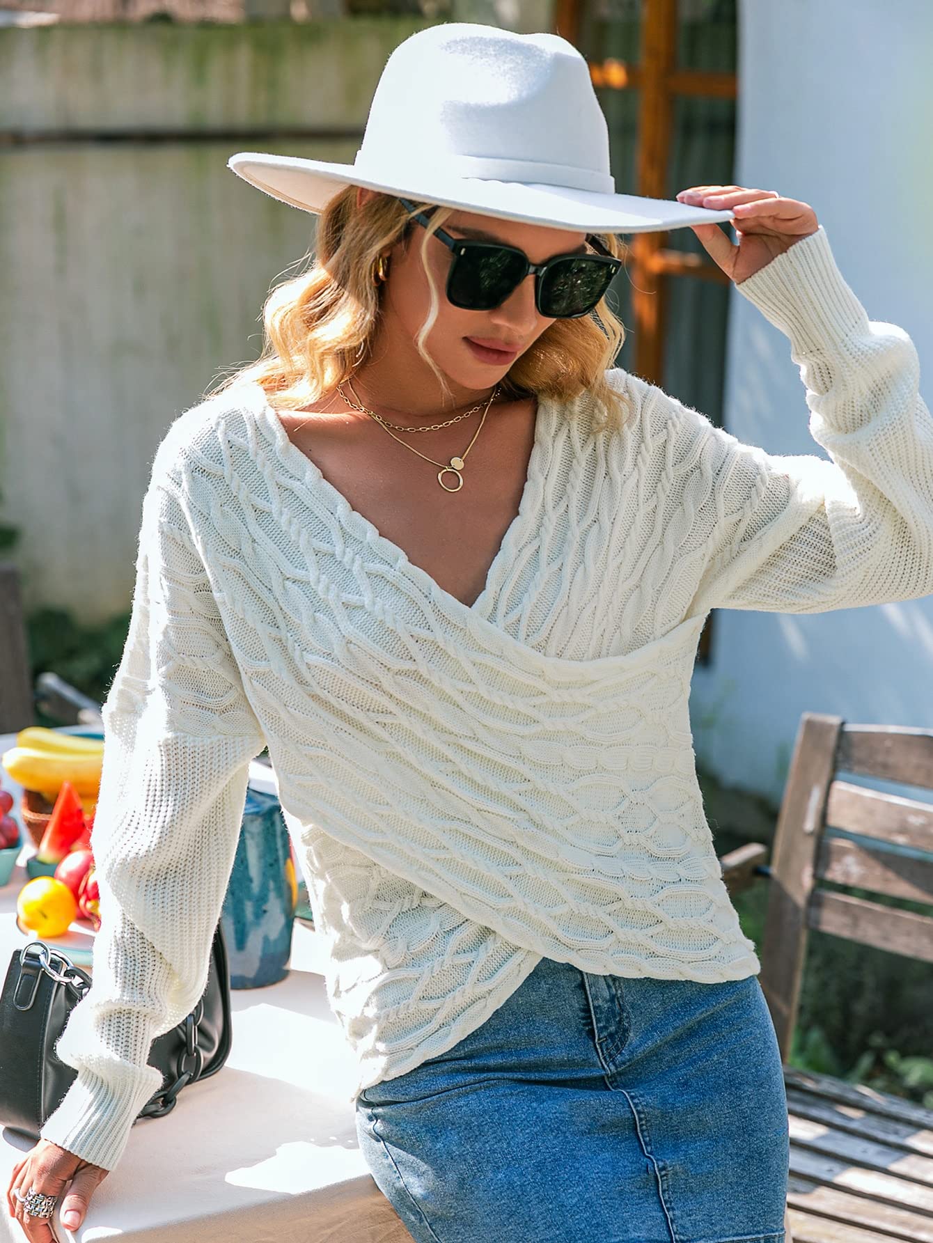 Women Sweater - Cross Wrap Drop Shoulder Cable Knit Sweater (Color : White,  Size : Medium) : Amazon.com.au: Clothing, Shoes u0026 Accessories