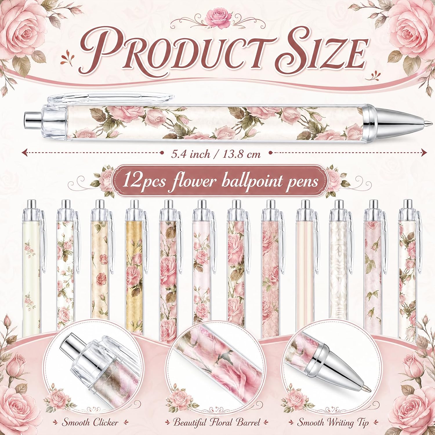Motiskyy 24 Pcs Vintage Rose Pink Floral Pens Ballpoint Flower Notepads image 3
