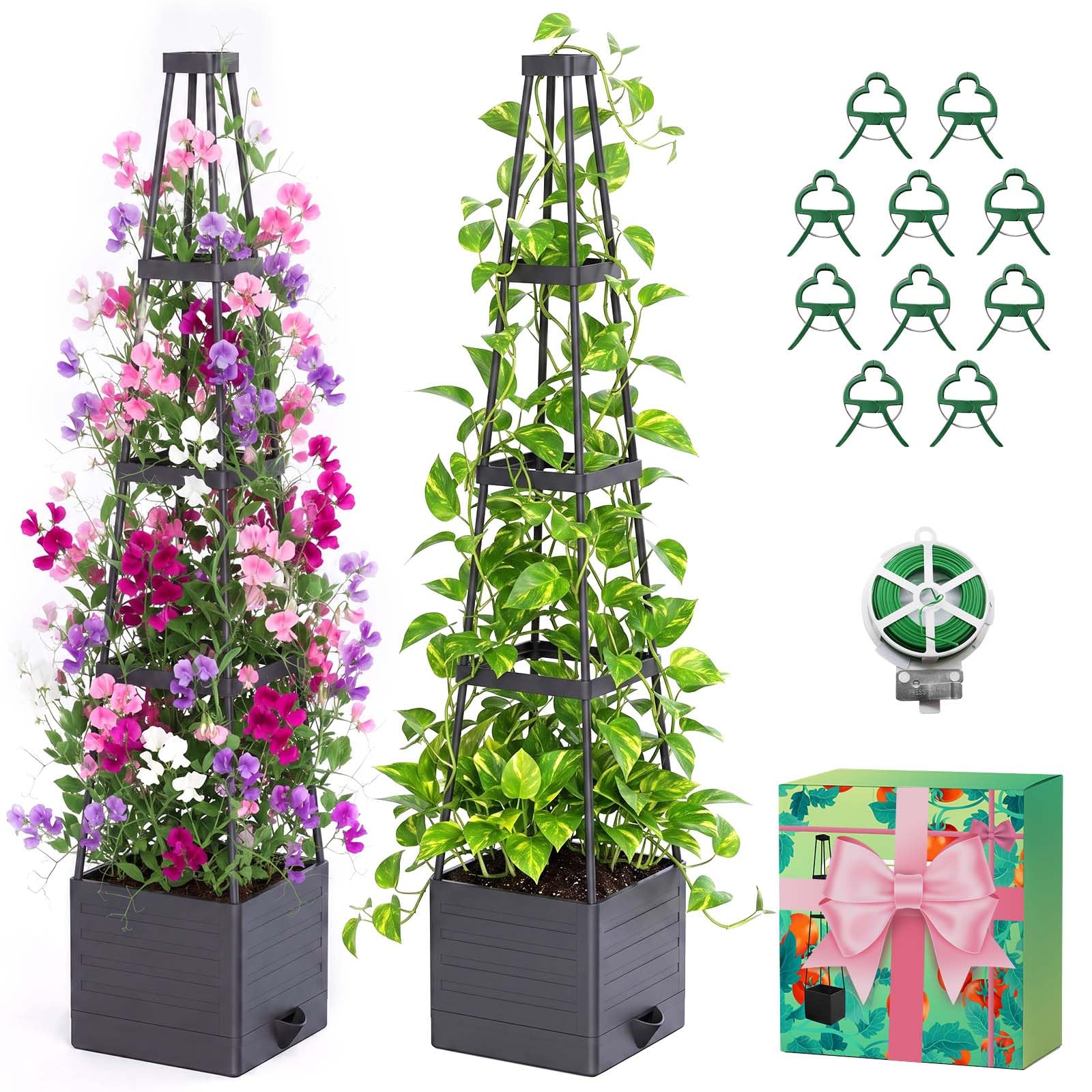Mqhuayu 2 Pcs Raised Garden Bed Planter with Trellis, 58in Tomato Planter with Self Watering, Trellis Planter Raised Beds for Garden Vegetables Tomatoes Climbing plants, Tomato Cage for Indoor Outdoor