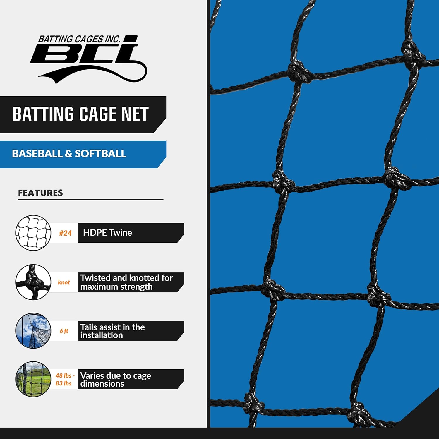 BATTING CAGES INC. BCI Batting Cage Net, HDPE Baseball and Softball Pitching Sports Netting for Batting Cages, #24 Twine Various Sizes