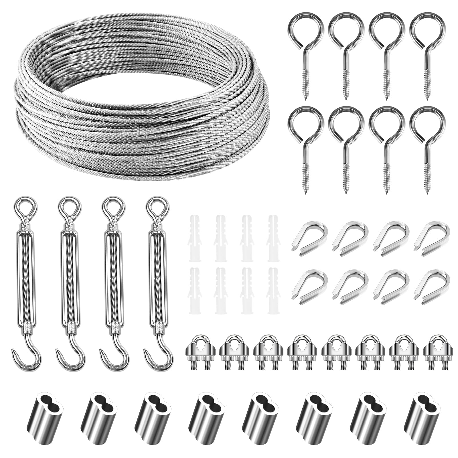 Zorplex 30M Cavo in Acciaio Inox Kit, 3mm Fune Acciaio in PVC Rivestito con Tenditore M5, Fune Metallica Resistente per Piante Rampicanti, Stendibiancheria, Illuminazione Esterna e Progetti da Giardi