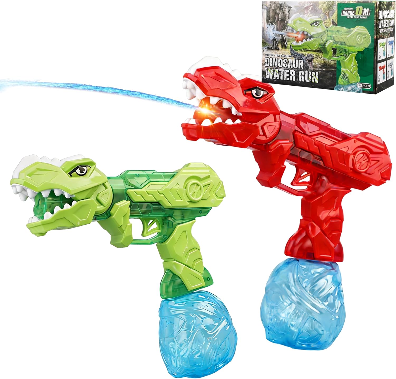 Electric Water Gun 2 Pack for Adults and Kids, Light Up Automatic Squirt Gun Watergun 26 FT Long Range, Dinosaur Toys Water Gun for Kids Squirt for Summer Outdoor Theme Party