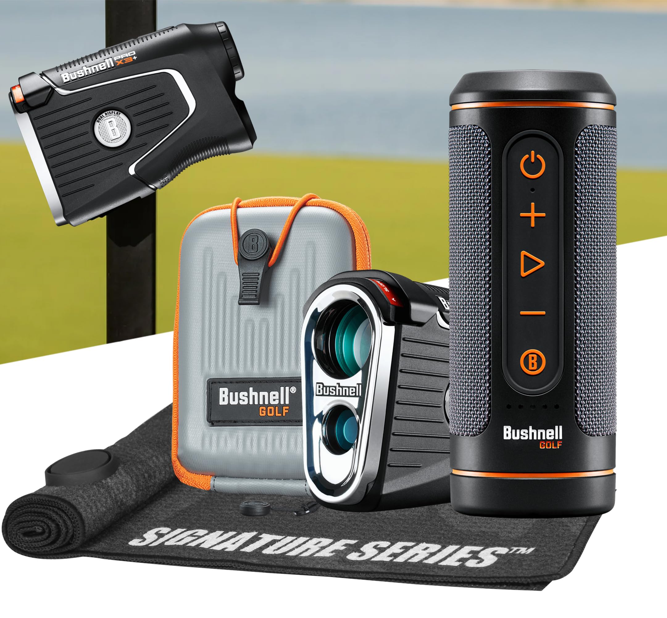 Bushnell Golf Pro Player Pack - Pro X3+Link Rangefinder with Slope and Wind Adjustments, Case, Wingman 2 GPS Speaker & Signature Series Microfiber Towel - Golf Course GPS Magnetic Caddie Bundle