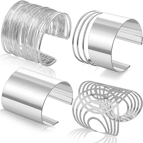 Miniatura 8 de RIOSO 4 brazaletes de pulsera para mujer pulseras de alambre ancho abierto brazalete dorado para muñeca A, oro, B: plateado.