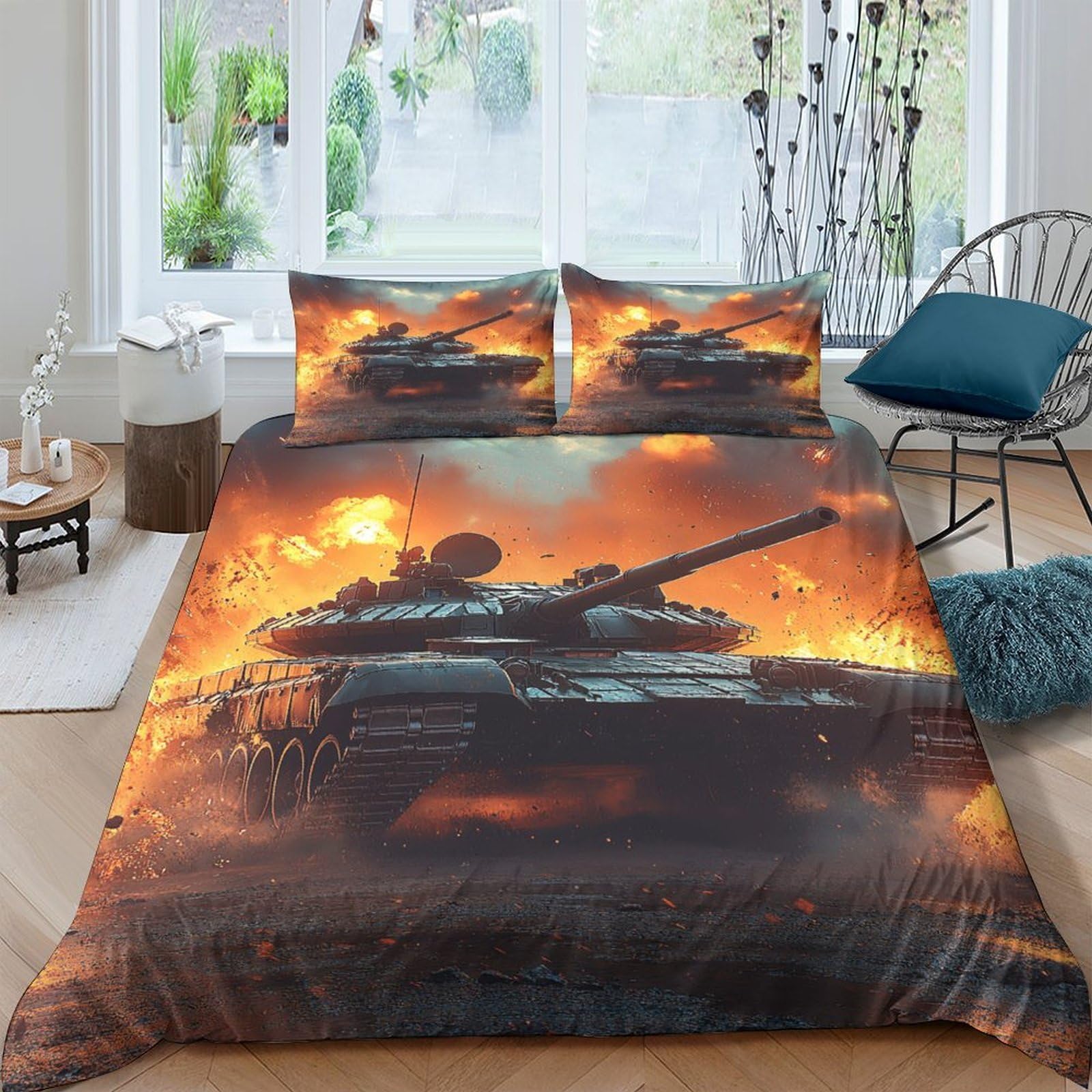 Ctjqhvkz Style-1 3D Printed Battle Tank Fitted Sheet Microfiber Soft Orange Fire Sunset Bed Cover For Bedroom Dorm Mattress Decor Single（135X200cm）