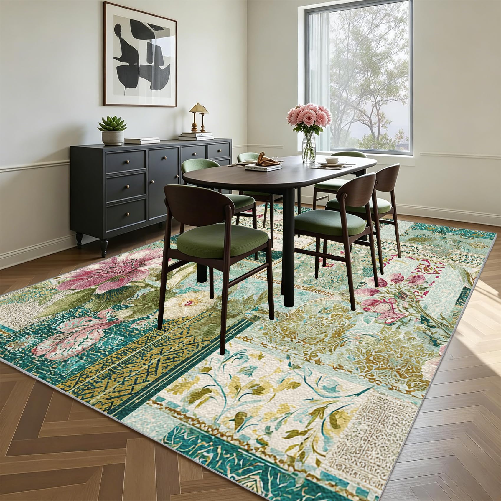 Générique Vert Sauge Tapis Patchwork Carré Salon 100x150 cm | Tapis Chambre Lavable Antidérapant Poil Court, Moquette Motif, Décoration Carpet