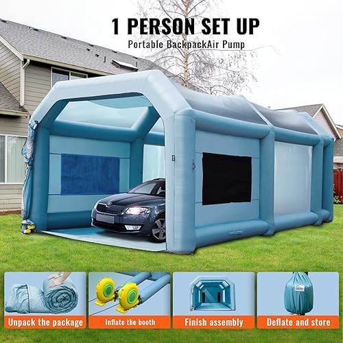 Miniatura 5 de VEVOR Cabina de pintura inflable de 26 x 15 x 11 pies, cabina de pulverización inflable, sopladores de alta potencia de 750 W+950 W, tienda de