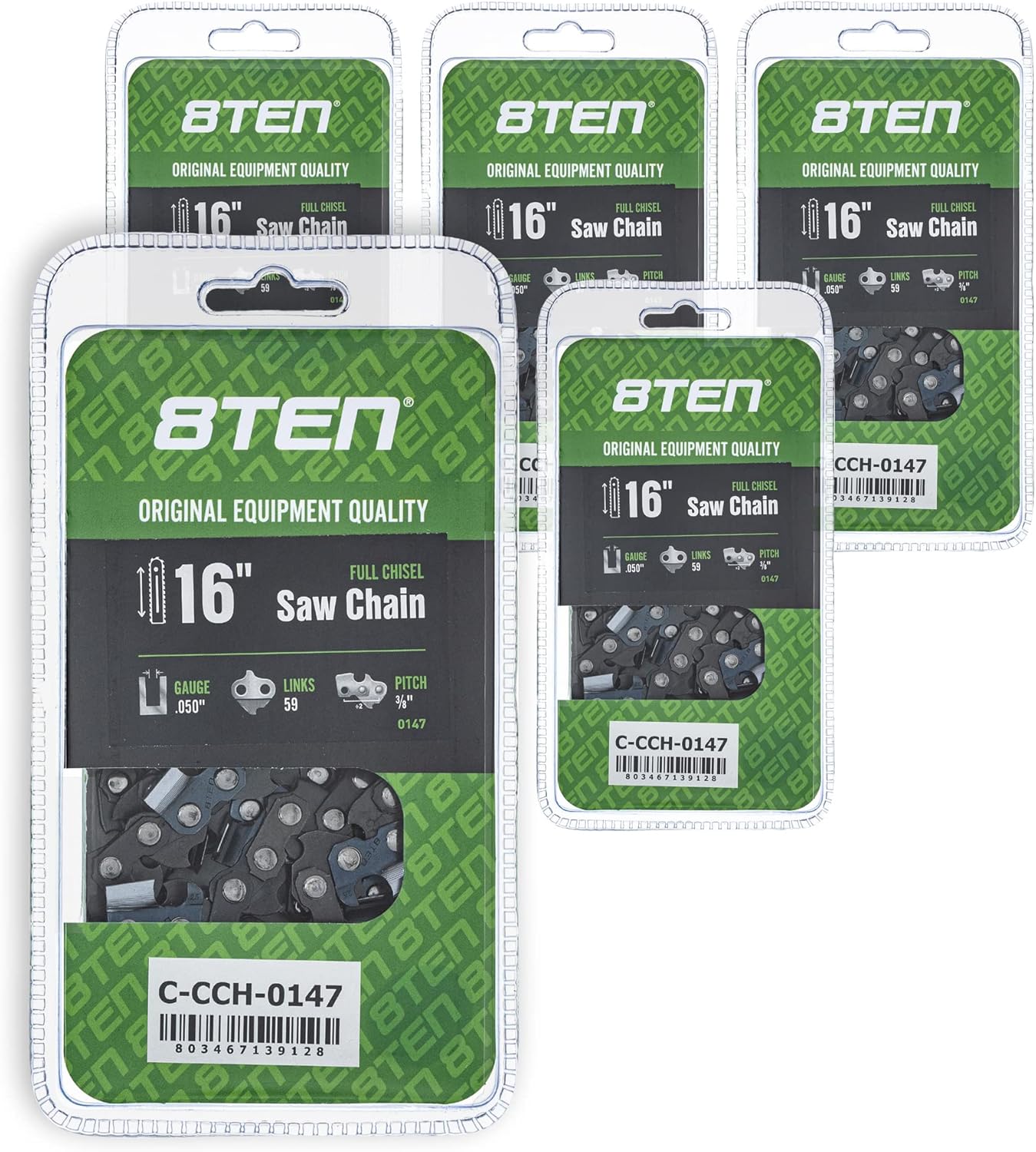 8TEN Full Chisel Chainsaw Chain 16 Inch .050 3/8 59DL For Jonsered 2051 Homelite EZ-250 Makita EA6100PREG (4 Pack)