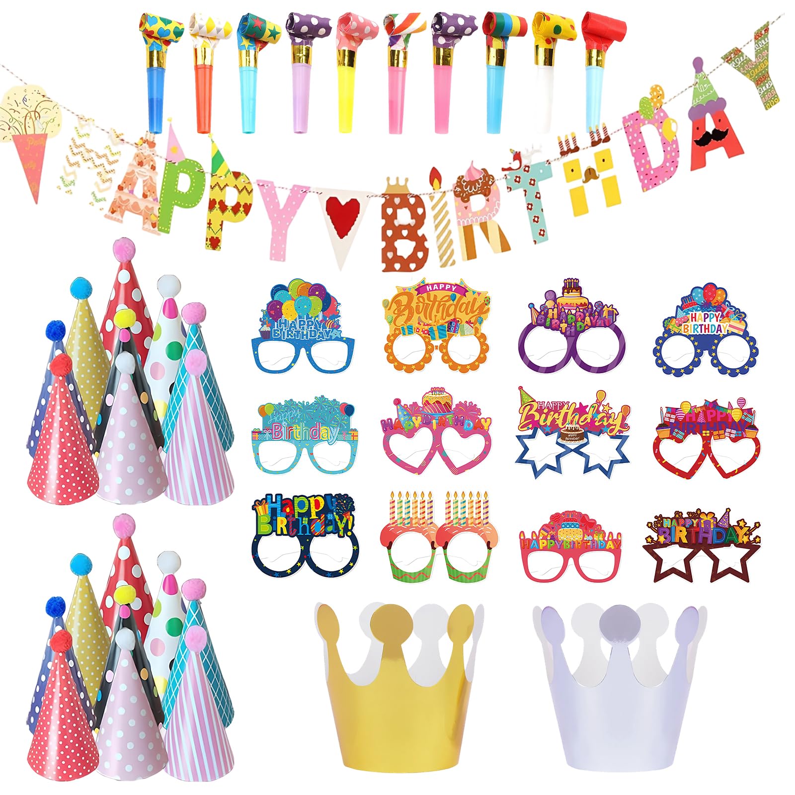 Muwaloe 43-Piece Happy Birthday Cone Party Hats and Accessories for Adults