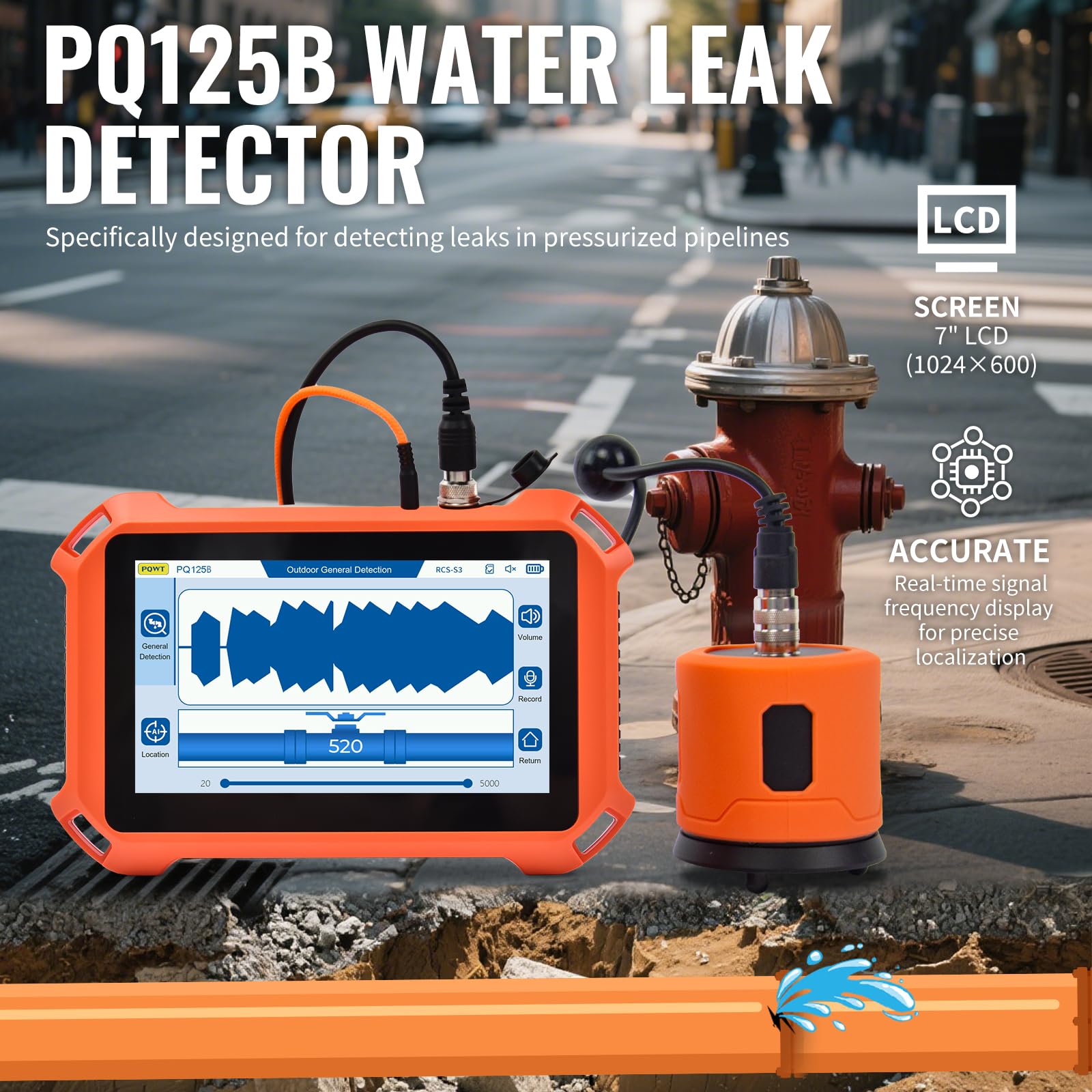 Detectores de fugas de agua subterráneos PQ125B para exteriores, detección de fugas de agua con pantalla táctil y sensor de funda de transporte, intensificador de sonido de tubería acústica
