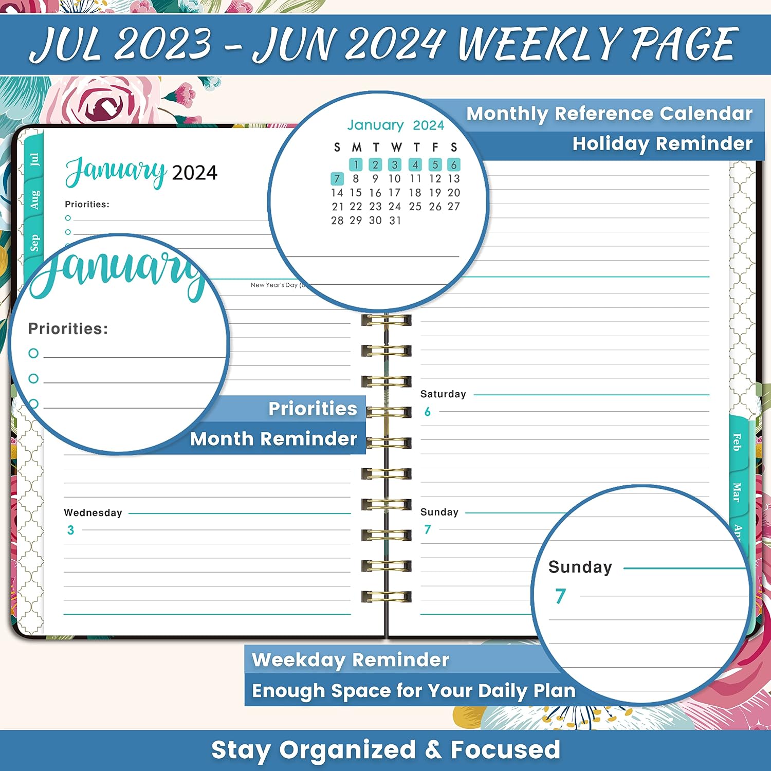Planner 2023-2024 - Weekly Planner 2023-2024 from July 2023 to June 2024, Weekly Monthly Planner 2023-2024, 6" x 8.3", 2023-2024 Planner with Inner Pocket and 12 Monthly Tabs