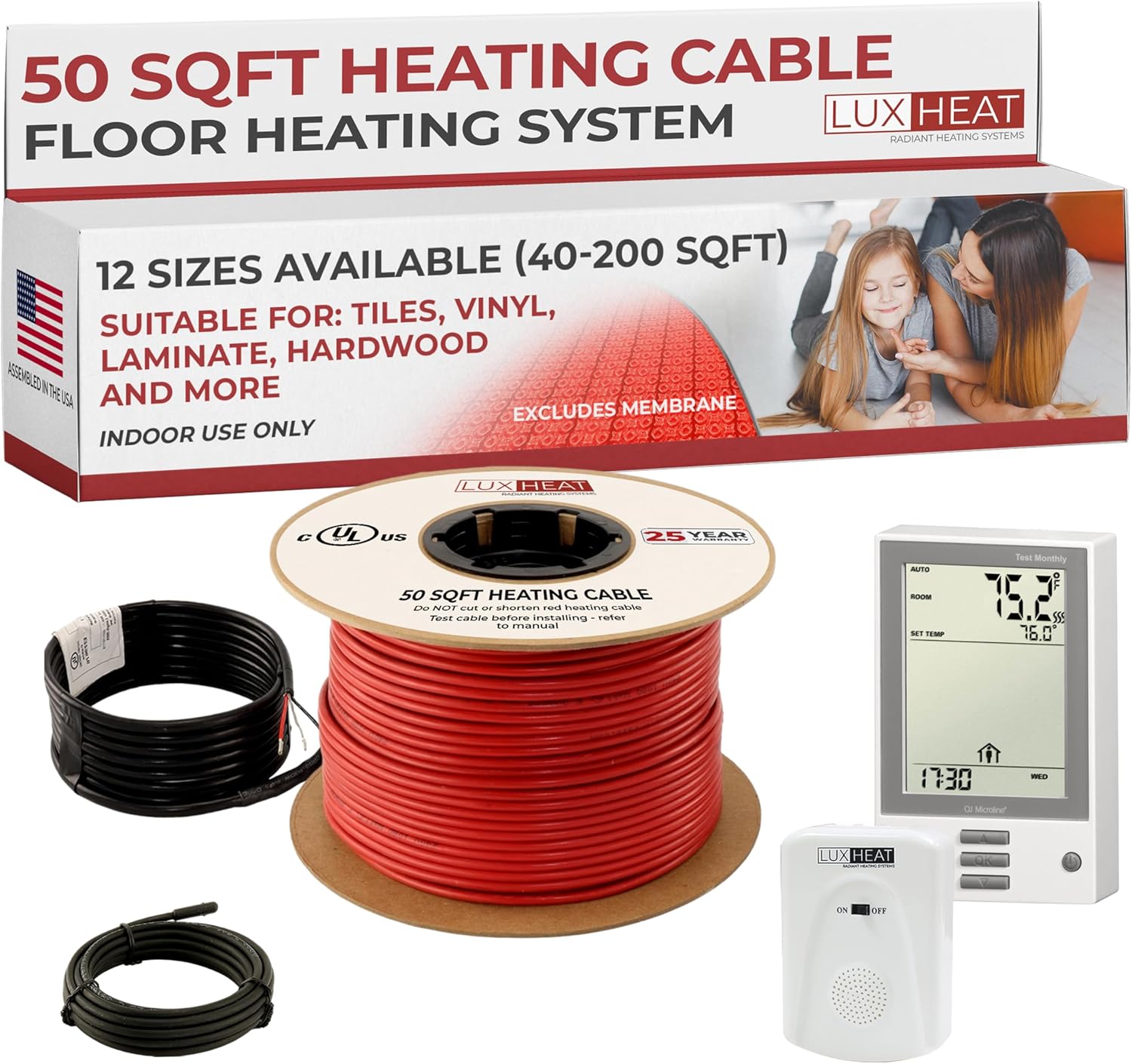 LuxHeat 50sqft Floor Heating Cable Kit - 240v In Floor Heating System for Tile, Vinyl, Laminate - Heated Flooring System Includes UDG Programmable Thermostat w/GFCI, Cable, Alarm & Sensor
