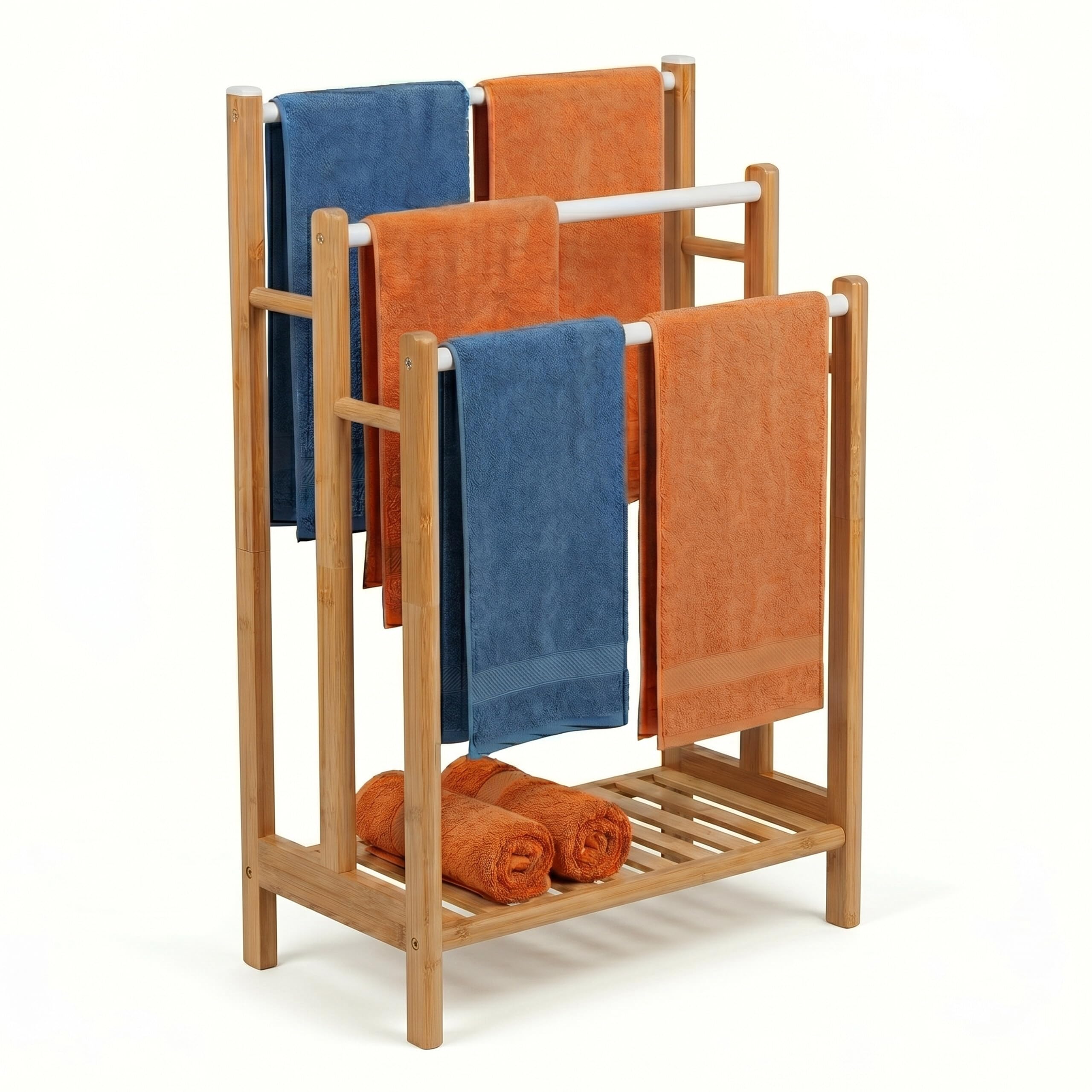 Porte-serviettes 86x46x24 cm associant le bambou noble et le métal blanc durable
