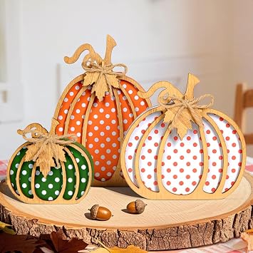 OLANRUN Fall Decorations for Home, 3-Piece Wooden Pumpkin Fall Decor, Rustic Farmhouse Indoor Autumn Thanksgiving Decorations for Table Centerpiece, Tiered Tray, Mantel, Shelf, Office 4-8 Inch