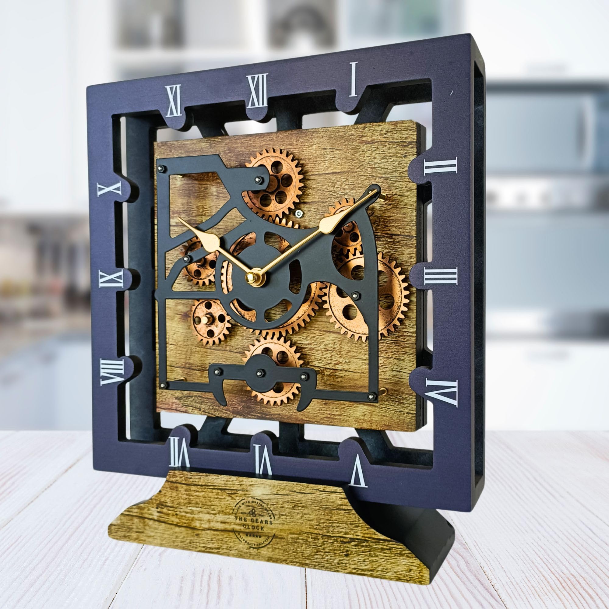 THE GEARS CLOCK Desk Clock 10 Inches with Real Moving Gear Square Convertible Into Wall Clock (Gold Antique)