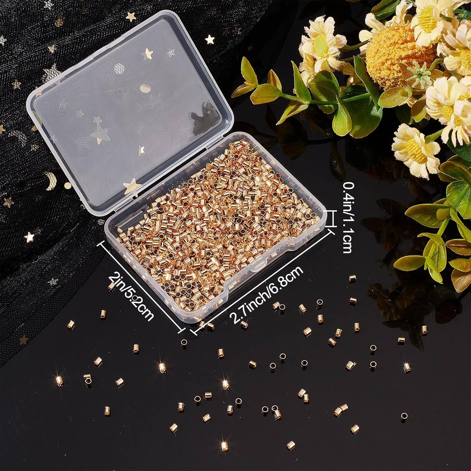 Beebeecraft 1 Box 1000Pcs Crimp Tube Beads 18K Gold Plated Crimping Tube Spacers Cord End Caps 2mm Loose Tiny Stopper Beads for Earring Necklace - Image 7