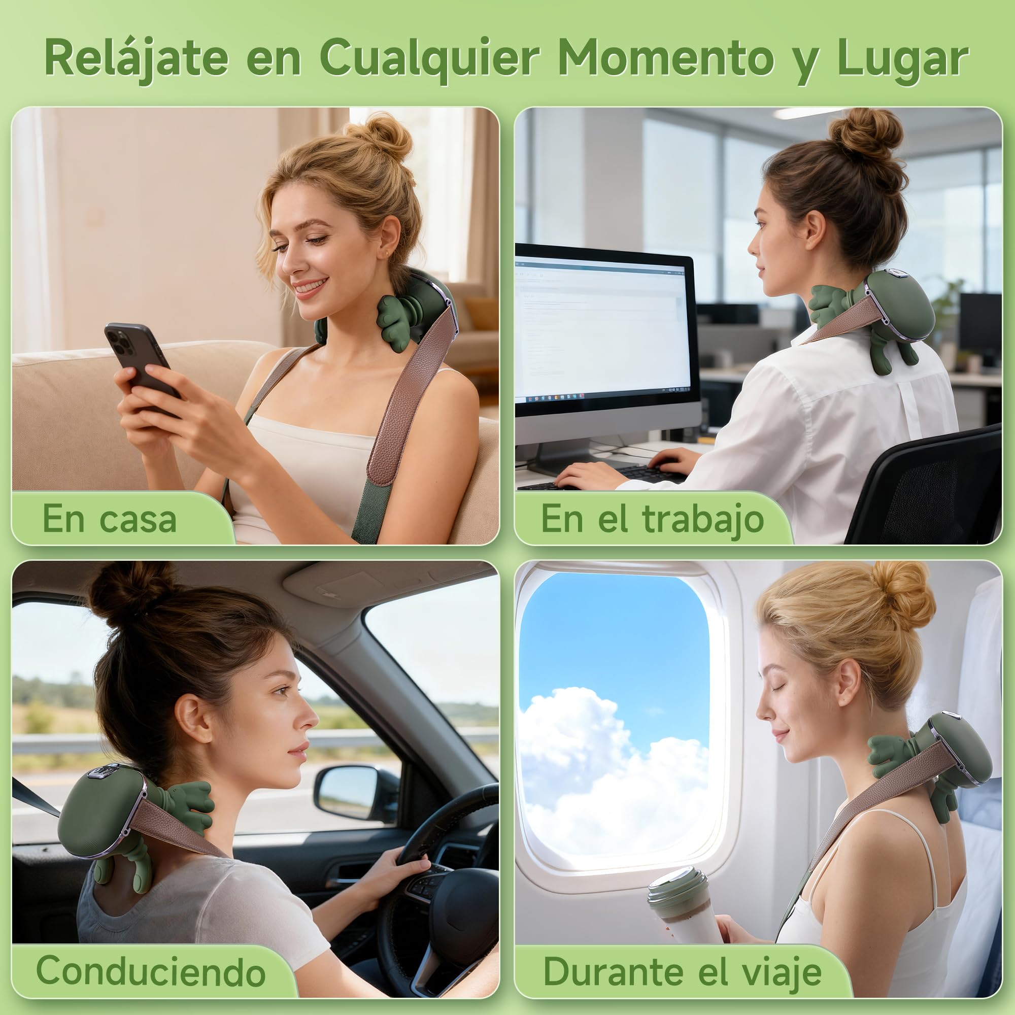 Masajeador Cervical y Espalda 4D a Mano Biónica, Masajeador Cuello Eléctrico con 3 Niveles de Intensidad y 2 Niveles de Calor (Verde)
