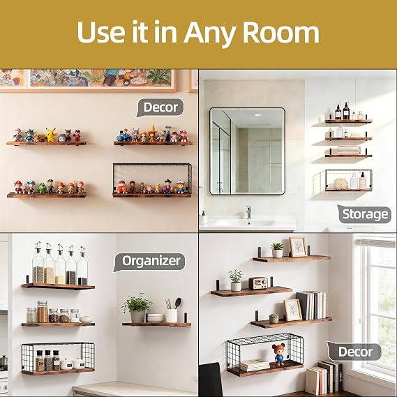 Floating Shelves with Wire Storage Basket, Over Toilet Bathroom Shelves with Metal Guardrail, Wood Wall Shelves for Bathroom, Bedroom, Kitchen - Dark Brown