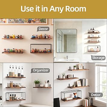 Floating Shelves with Wire Storage Basket, Over Toilet Bathroom Shelves with Metal Guardrail, Wood Wall Shelves for Bathroom, Bedroom, Kitchen - Dark Brown
