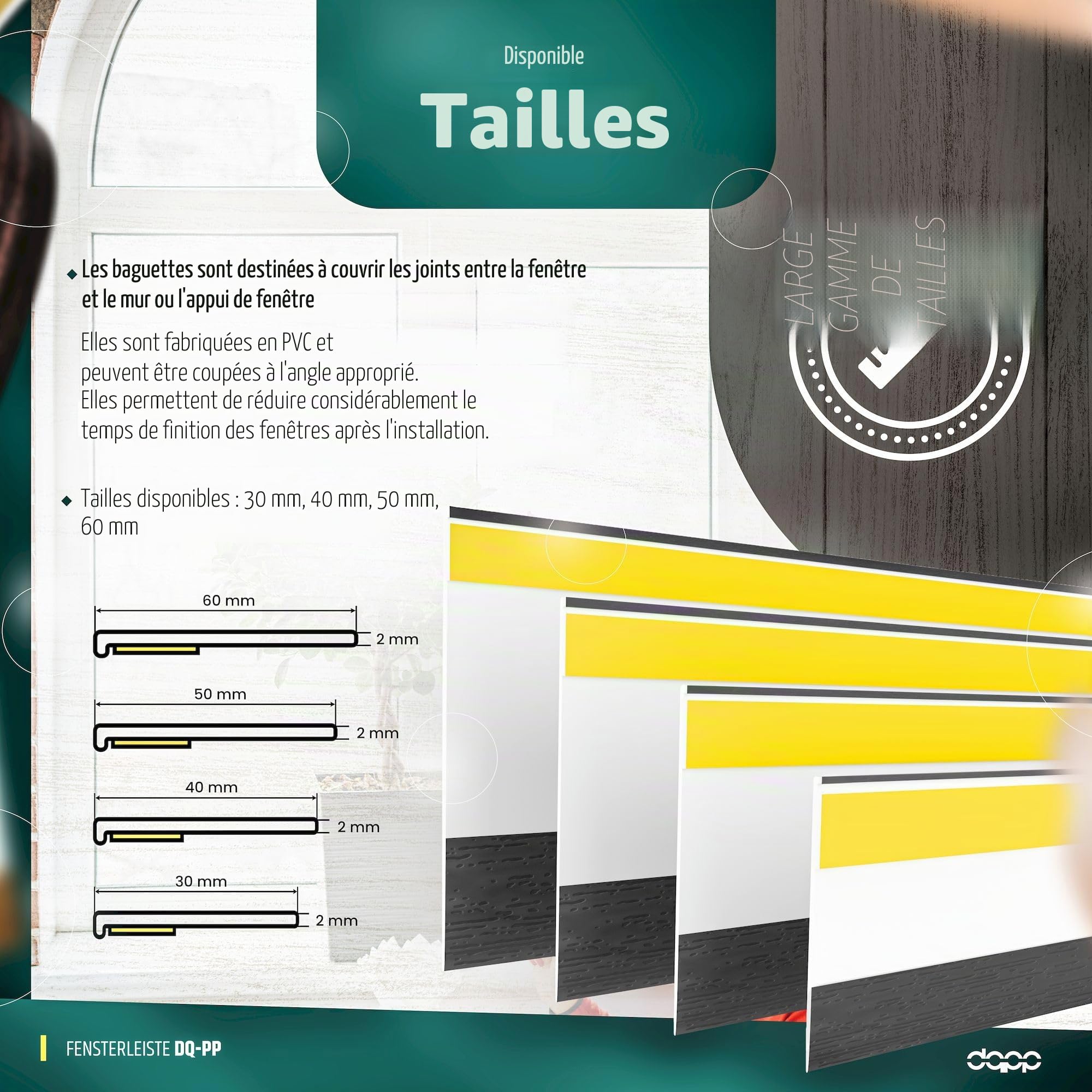 DQ-PP FENSTERLEISTE – 5 m de longueur – 60 mm de largeur – 1,5 mm d’épaisseur – Anthracite – Barres plates en plastique Profils de finition en plastique