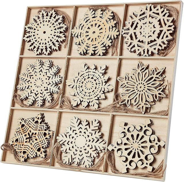 WAIZHIUA 27Pcs Christmas Wooden Snowflakes Ornaments, 9 Patterns Unfinished Wood Snowflake Embellishments with Natural Jute Hanging Strings for Rustic Christmas Tree Decoration DIY Crafts