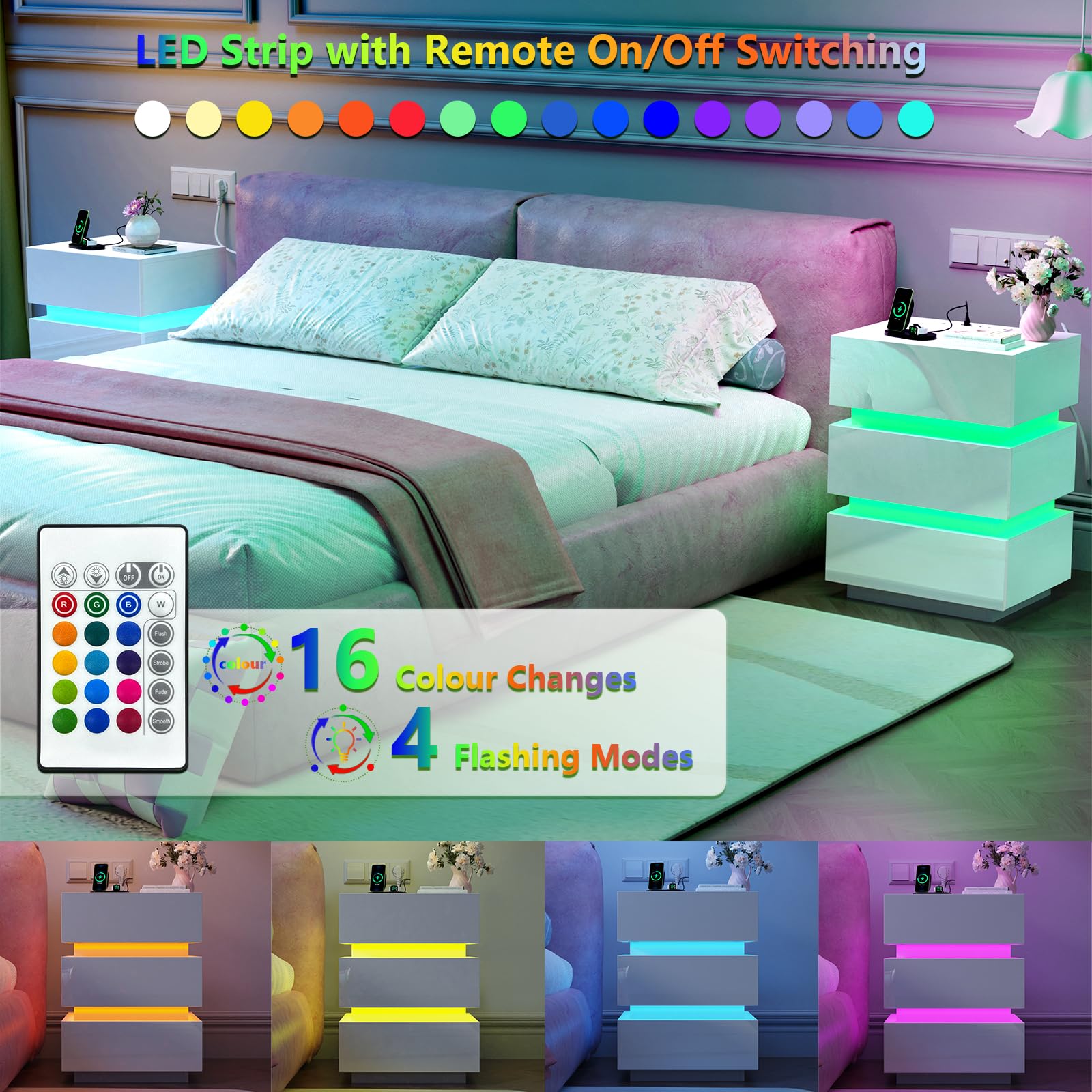 2er Set Nachttisch mit Steckdose und led, Nachtschrank mit USB und ladefunktion, Nachtkommode mit 3 Schubladen (45x35x62cm, Weiß)