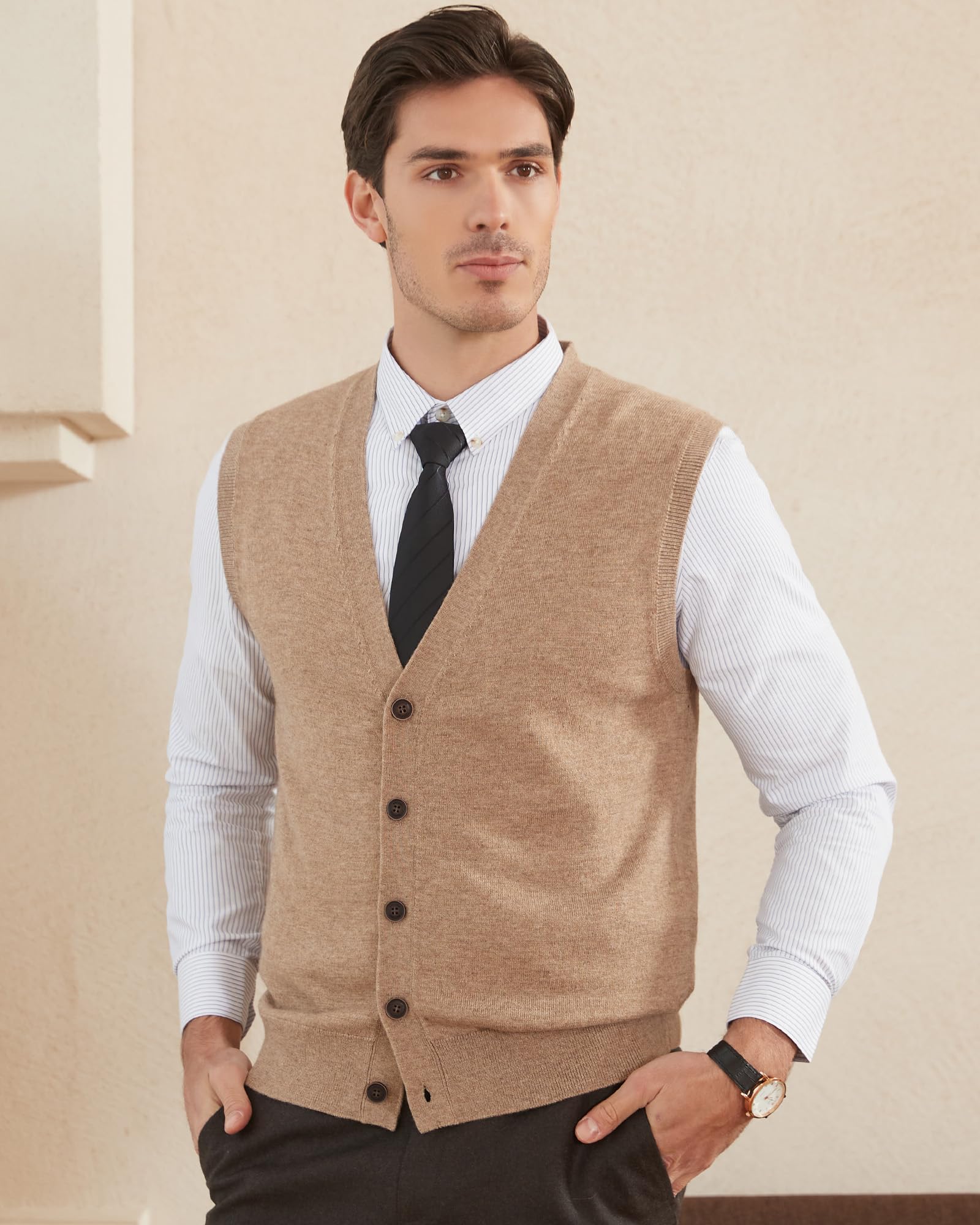 Kallspin Cardigan Homme Mélangé de Laine sans Manches et Col en V Profond Tricoté avec des Boutons
