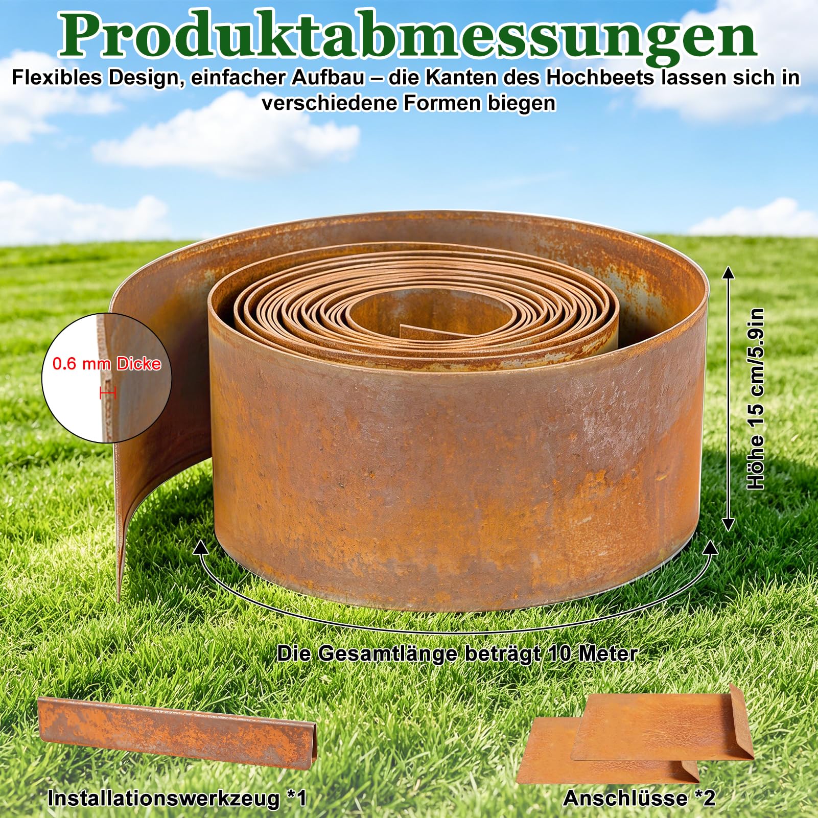 Cortenstahl Rasenkante, Beeteinfassung Metall, 10 m, 15 cm hoch, 0,6 mm