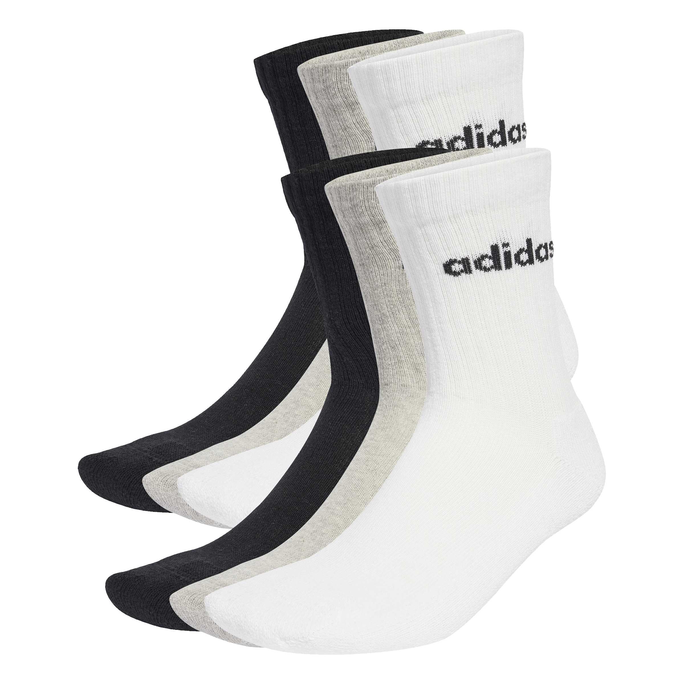 adidas Unisex Linear Crew Socks Cushioned Socks 6 Pair Pack, Medium Grey Heather/White/Black, 4.5-6